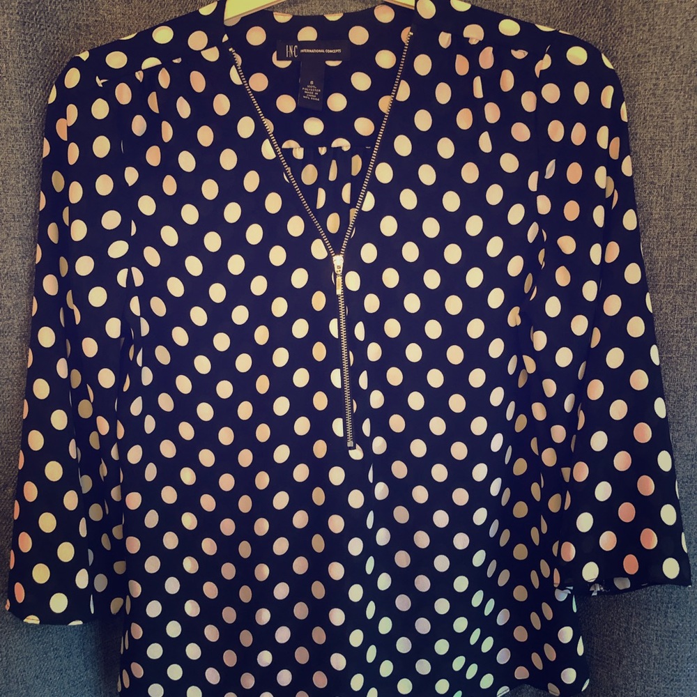 INC Navy & White Polka Dot 3/4 Sleeve Top